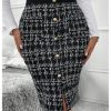 Women's Plus Size Plaid Skirt High Waisted Button Front Split Hem Knee Length Pencil Skirts