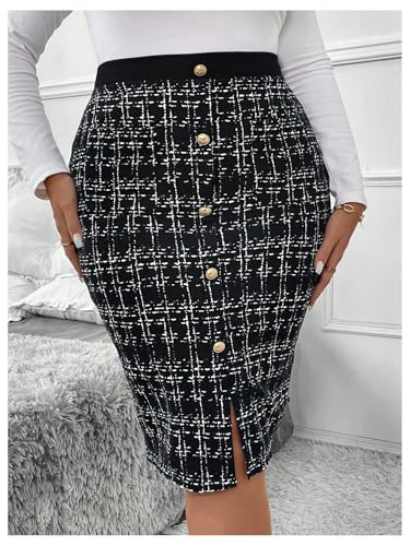 Women's Plus Size Plaid Skirt High Waisted Button Front Split Hem Knee Length Pencil Skirts