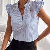 Women's Striped Ruffle Cap Sleeve Notched V Neck Blouse Top Shirt