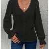 Women's Swiss Dots Lace Trim Blouse V Neck Long Sleeve Top