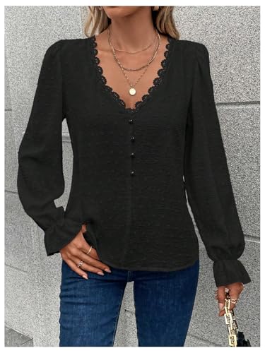 Women's Swiss Dots Lace Trim Blouse V Neck Long Sleeve Top