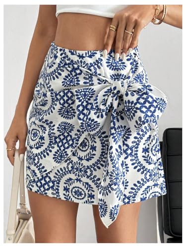 Women's Allover Print Knot Side High Waist Wrap Skirt Zipper Back Boho Mini Skirt