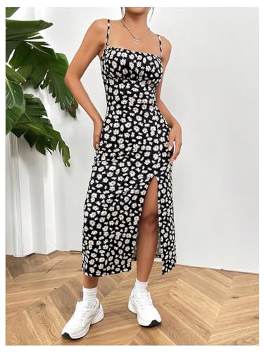 51dqjtBd27L.jpg Women's Floral Print Split Thigh Midi Cami Dress Square Neck High Waist Slim Fit Summer Dress