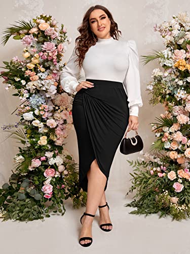 Women's Plus Size High Waist Ruched Wrap Asymmetrical Hem Midi Bodycon Skirt