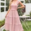 Women's 2025 Summer Wedding Guest Dress Ruffle Sleeve Smocked Square Neck Long Flowy Tiered Maxi Sundress