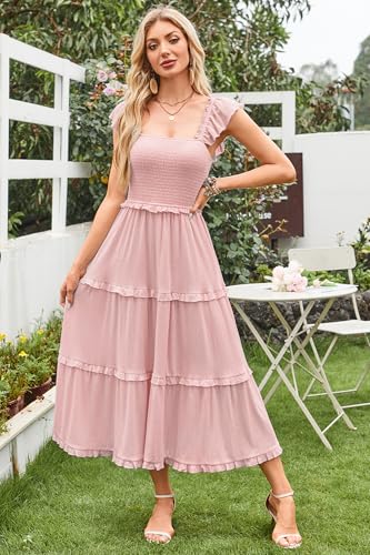 Women's 2025 Summer Wedding Guest Dress Ruffle Sleeve Smocked Square Neck Long Flowy Tiered Maxi Sundress