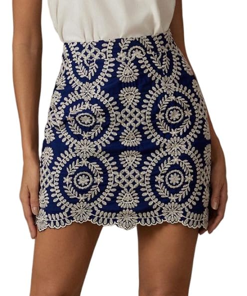 Women's Boho Tribal Print Scallop Trim Summer Zipper Bodycon Mini Skirt
