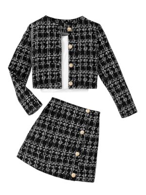Girl's 2 Piece Outfits Plaid Tweed Half Sleeve Jacket and Ruffle Mini Skirt Set