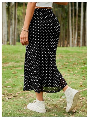51f6n7fjBL.jpg Women's Polka Dots Fishtail Midi Skirt Elastic Waist Ruffle Hem Mesh Bodycon Skirt