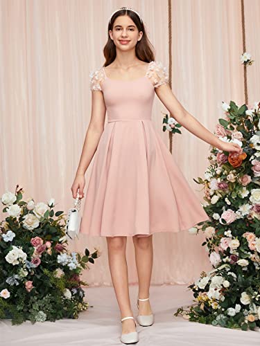 51ft3WZ6kL.jpg Girl's Appliques Mesh Puff Sleeve Square Neck Ruffle Hem Dress