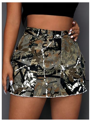 51gB8RSlqBL.jpg Women's Plus Size Y2K Mini Denim Skirt High Waist Bodycon Cargo Skirts with Flap Pocket