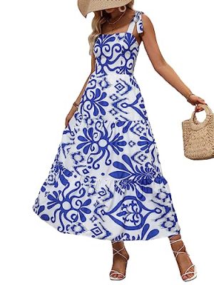 Women's Floral Print Flounce Square Neck Sleeveless Tie Shoulder Boho Cami Dress