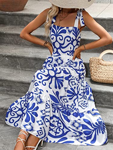 Women's Floral Print Flounce Square Neck Sleeveless Tie Shoulder Boho Cami Dress