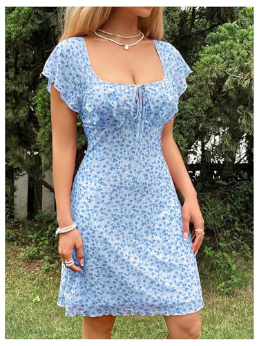 Women's Vintage Floral Print Mini Dress Cap Sleeve Square Neck Short Dresses