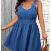 Women's Plus Size Lace Appliques A Line Short Sundress Smocked V Neck Sleeveless Tank Dress