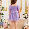 Girl's Cute Appliques Short Puff Sleeve Square Neck Dress Ruffle Trim Knee Length Dress