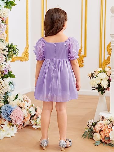 Girl's Cute Appliques Short Puff Sleeve Square Neck Dress Ruffle Trim Knee Length Dress
