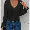 Women's Swiss Dots Lace Trim Blouse V Neck Long Sleeve Top