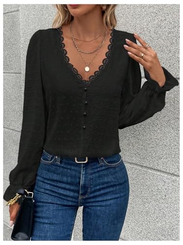 Women's Swiss Dots Lace Trim Blouse V Neck Long Sleeve Top