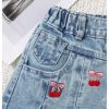 Toddler Girl's Cute Cherry Embroidery Pleated Denim Skirt Elastic Waist Short Jean Skirts