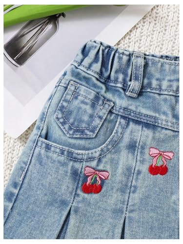 Toddler Girl's Cute Cherry Embroidery Pleated Denim Skirt Elastic Waist Short Jean Skirts