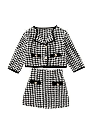 Girl's 2 Piece Houndstooth Outfits Tweed Jacket and Skirt Set Tea Party Suits