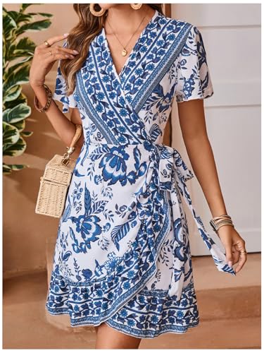 51jVJ21xZfL.jpg Women's Summer Casual Boho Floral Print Short Sleeve Wrap V Neck Ruffle Hem A Line Dress