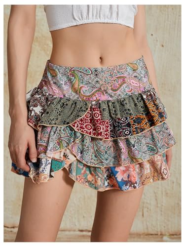 Women's Paisley Print Tiered Layers Mini Cake Skirt Low Rise Vacation Bohemian Skirt