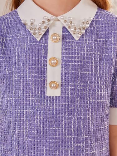 51kcnLxeiL.jpg Girl's Pearls Trim Tweed Contrast Collar Button Front Short Sleeve Casual Dress