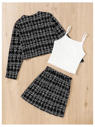 Girl's 2 Piece Outfits Plaid Tweed Half Sleeve Jacket and Ruffle Mini Skirt Set
