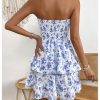 Women's Floral Print Ruffle Hem Tiered Layer Backless Shirred Tube A Line Dress