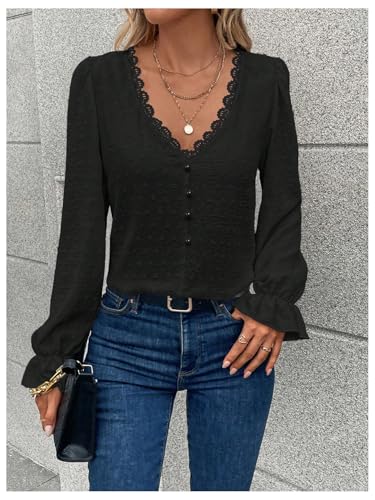 Women's Swiss Dots Lace Trim Blouse V Neck Long Sleeve Top