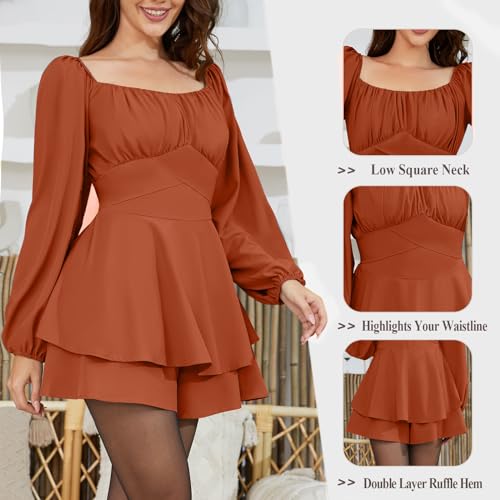 Women's Lantern Short Romper - Long Sleeve Ruffle Layer Mini Dress Waist Tie Jumpsuit