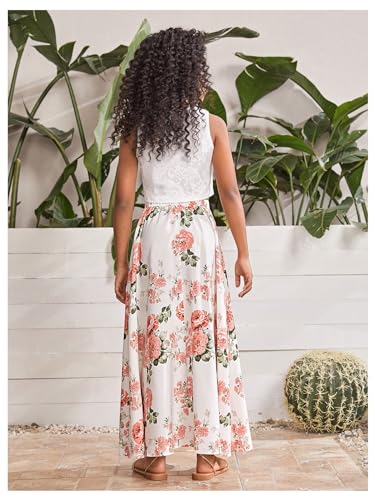 Girl's 2 Piece Outfits Lace Sleeveless Tank Top and Floral Print A Line Skirt Set