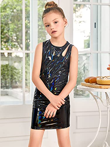 Girl's Cut Out Round Neck Sleeveless PU Leather Bodycon Tank Dress