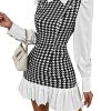 Women's Houndstooth Print Long Puff Sleeve Collared Pleated Button Front Mini Dress
