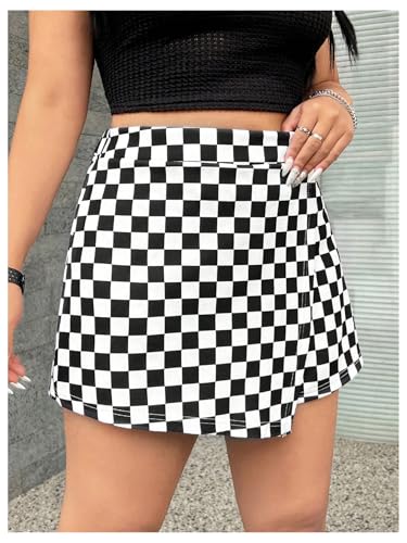 51oiQirzOTL.jpg Women's Plus Size Plaid Checkered Skorts Elastic Waist Wrap Asymmetrical Skirt Shorts