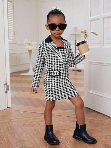 Girl's 2 Piece Outfits Houndstooth Print Double Button Long Sleeve Jacket and Cami Dress Set