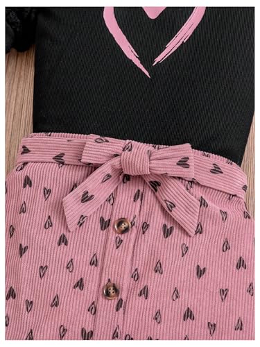 Girl's 2 Pieces Outfits Heart Print Puff Short Sleeve T Shirt and A Line Skirts Sets