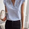 Women's Striped Ruffle Cap Sleeve Notched V Neck Blouse Top Shirt