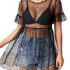 Women's Polka Dots Sheer Mesh Mini Dress Short Sleeve Ruffle Hem Flared Dresses