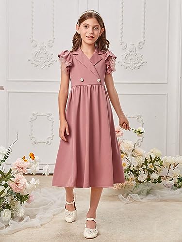 Girl's Ruffle Trim Layered Sleeve Lace Pleated Lapel Zipper Collar Button Front Casual Dress