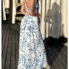 51pusWgBUL.jpg Women's Floral Print Ruched Square Neck Maxi Dress Tie Back High Slit Flared Dresses