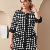 Women's Plus Size Houndstooth Button Front Round Neck Split Hem Bodycon Dress