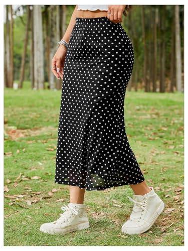 51rAJGqbUEL.jpg Women's Polka Dots Fishtail Midi Skirt Elastic Waist Ruffle Hem Mesh Bodycon Skirt