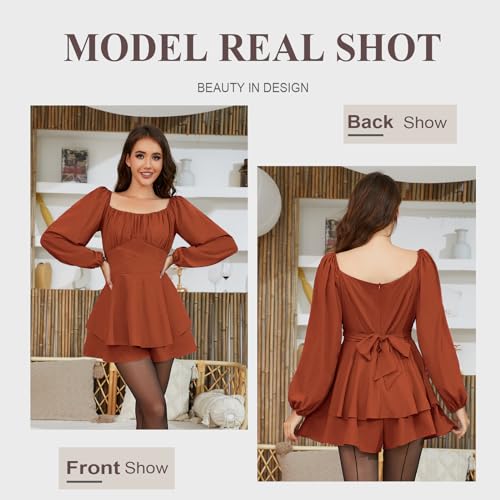 Women's Lantern Short Romper - Long Sleeve Ruffle Layer Mini Dress Waist Tie Jumpsuit