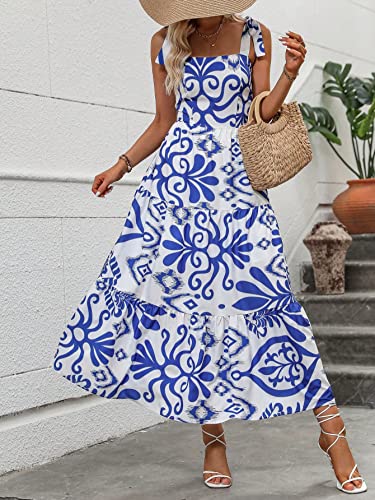 Women's Floral Print Flounce Square Neck Sleeveless Tie Shoulder Boho Cami Dress