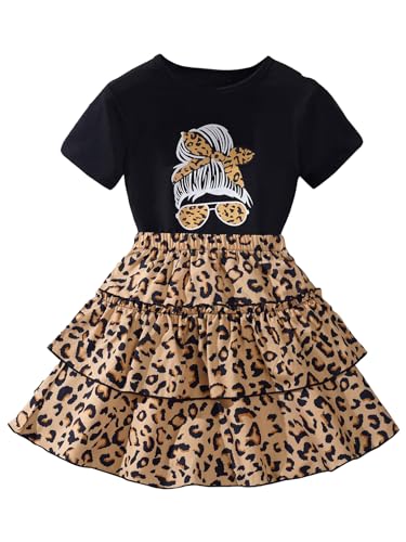 Girl's 2 Piece Set Graphic Short Sleeve Leopard Layered Ruffle A Line Skirt Outfits