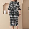 Women's Plus Size Houndstooth Button Front Round Neck Split Hem Bodycon Dress