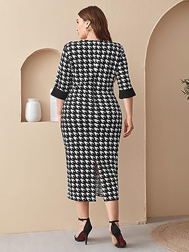 Women's Plus Size Houndstooth Button Front Round Neck Split Hem Bodycon Dress